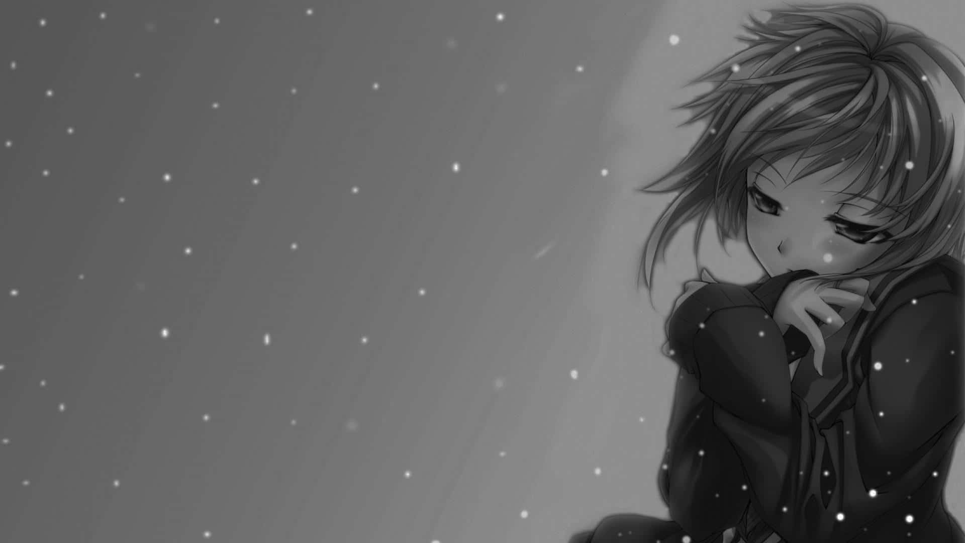 動畫 桌布 壁紙 — 一個憂鬱的動漫女孩，頭髮蓬亂，蜷縮在灰階的雪地裡，目光低垂，背景是星空漸層的天空。