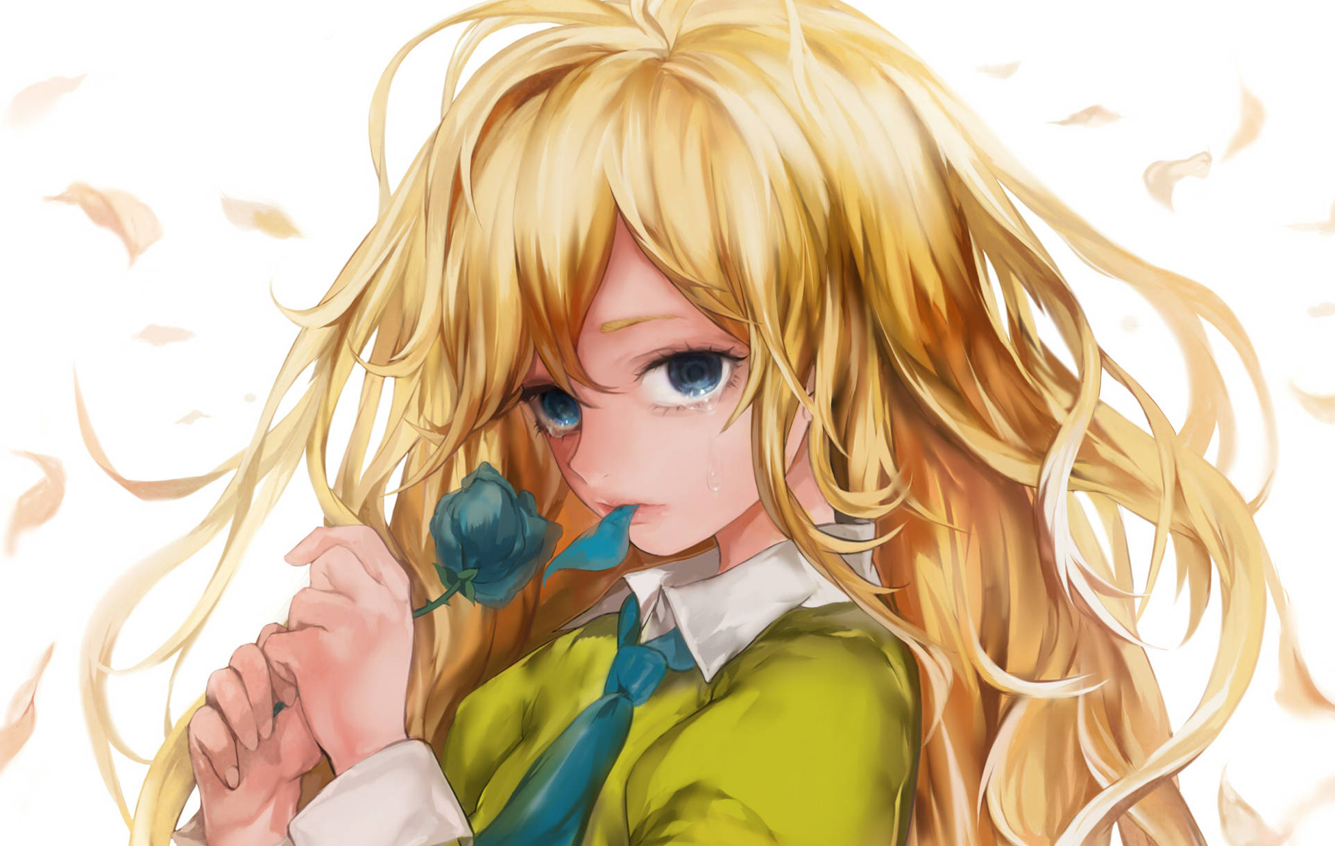 Tomboy Anime Girl 桌布 壁紙 — 一個憂鬱的動漫女孩，飄逸的金色長髮，手持一朵藍玫瑰，秋葉在她周圍飄落。
