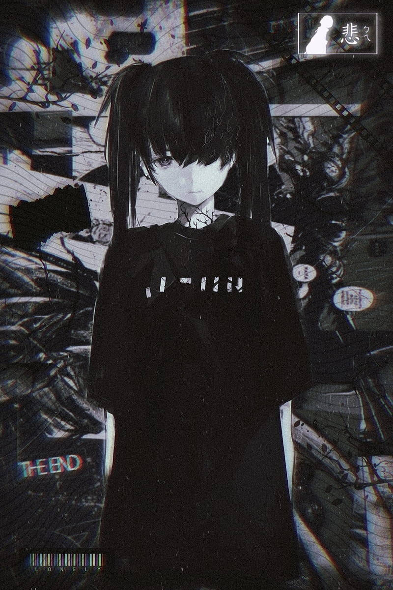 Edgy 桌布 壁紙 — 一個憂鬱的動漫女孩，黑色雙馬尾，站在充滿日文字和碎片化圖像的故障抽象背景前。