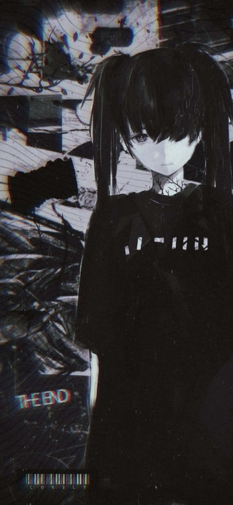 故障黑暗背景中的雙馬尾動漫女孩和THE END文字 — Emo 美學 GIF 壁紙