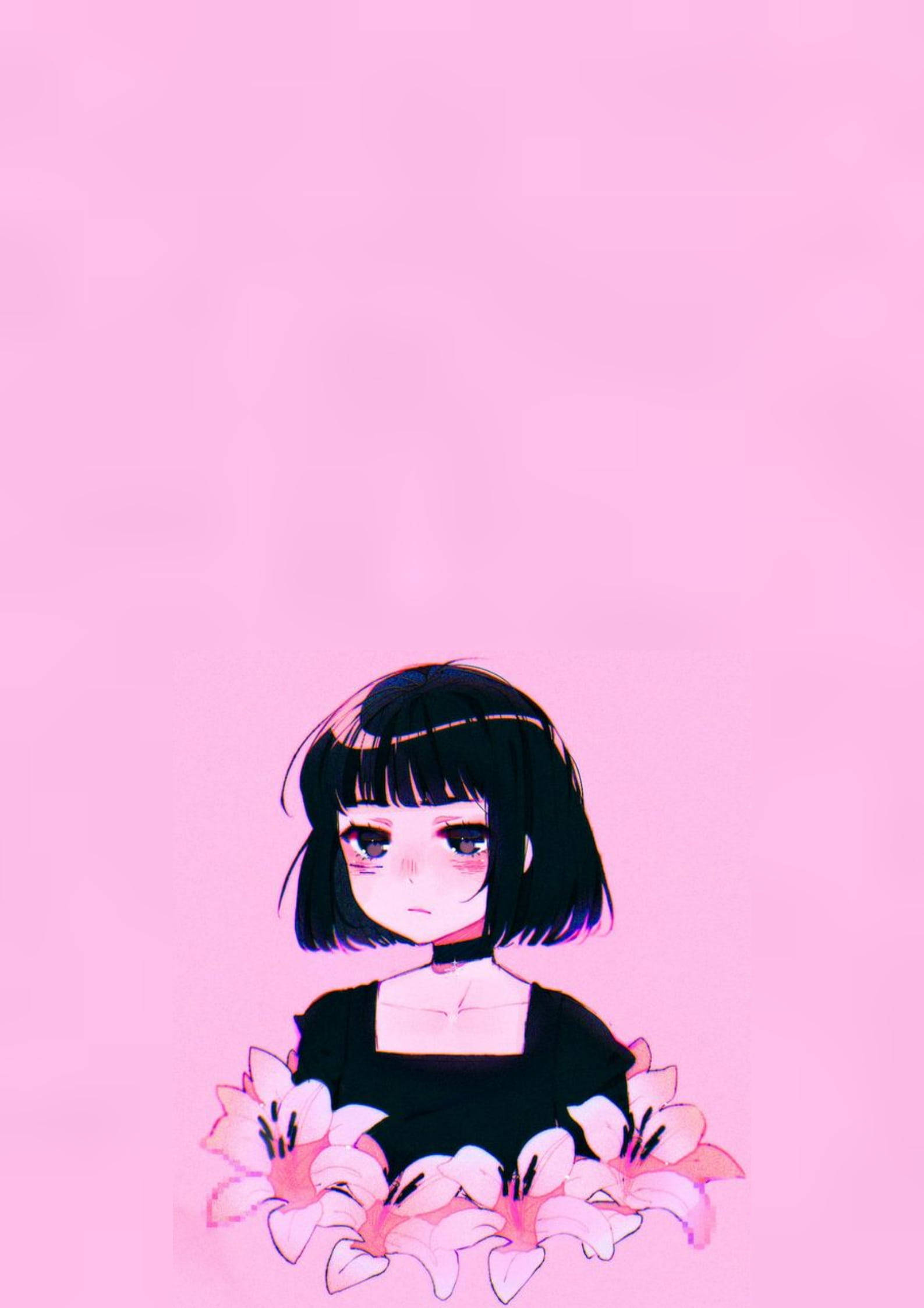 Goth 桌布 壁紙 — 一個憂鬱的動漫女孩，黑色鮑伯頭，在柔和的粉紅色背景上拿著粉紅色的百合花。