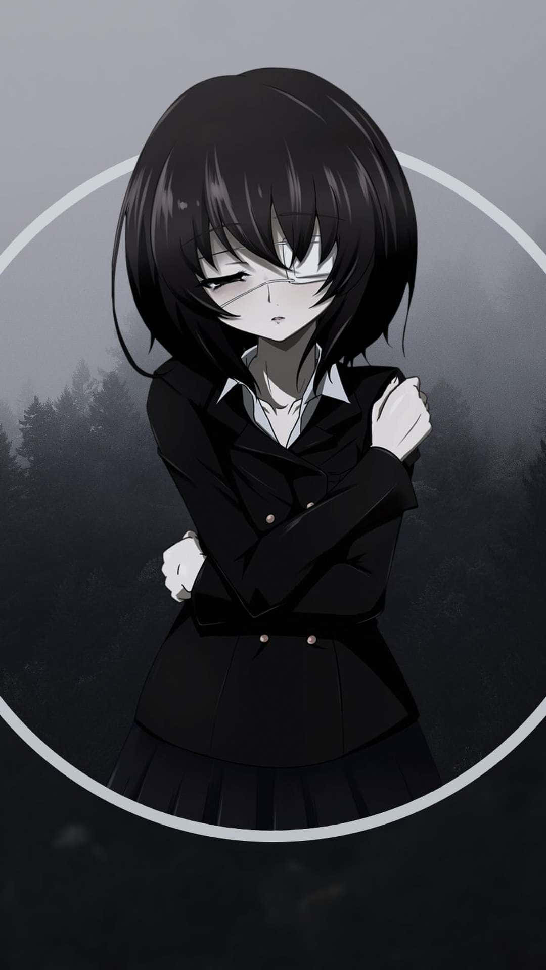 Another 桌布 壁紙 — 一個憂鬱的動漫女孩，黑髮，穿著校服，站在迷霧森林中，雙臂交叉，被一個白色圓圈框住。