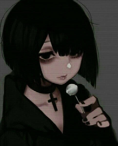 黑髮流淚的動漫女孩在故障背景前拿麥克風 — 憂鬱動漫女孩 GIF 壁紙