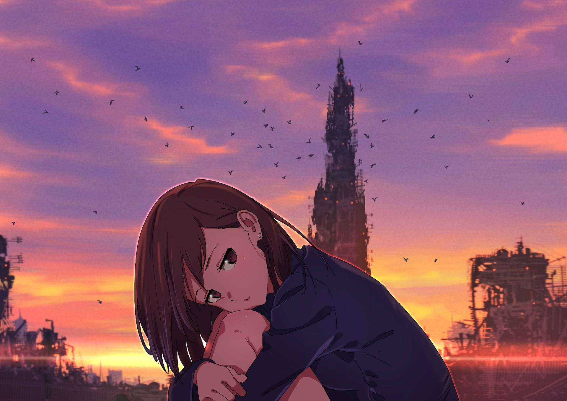 心碎 桌布 壁紙 — 一個憂鬱的動漫女孩在夕陽下以廢墟城市為背景，鳥兒在頭頂飛翔，她抱著自己。