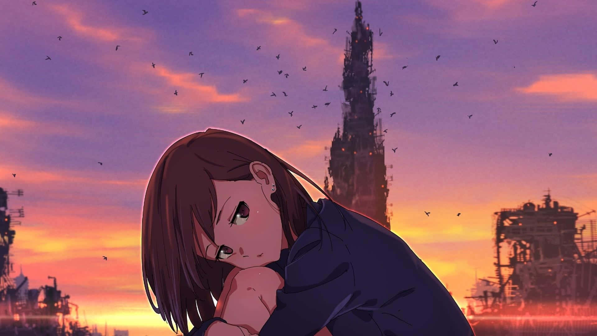 動漫 桌布 壁紙 — 一個憂鬱的動漫女孩在夕陽和飛鳥的背景下，將下巴擱在手上，背景是廢墟城市。