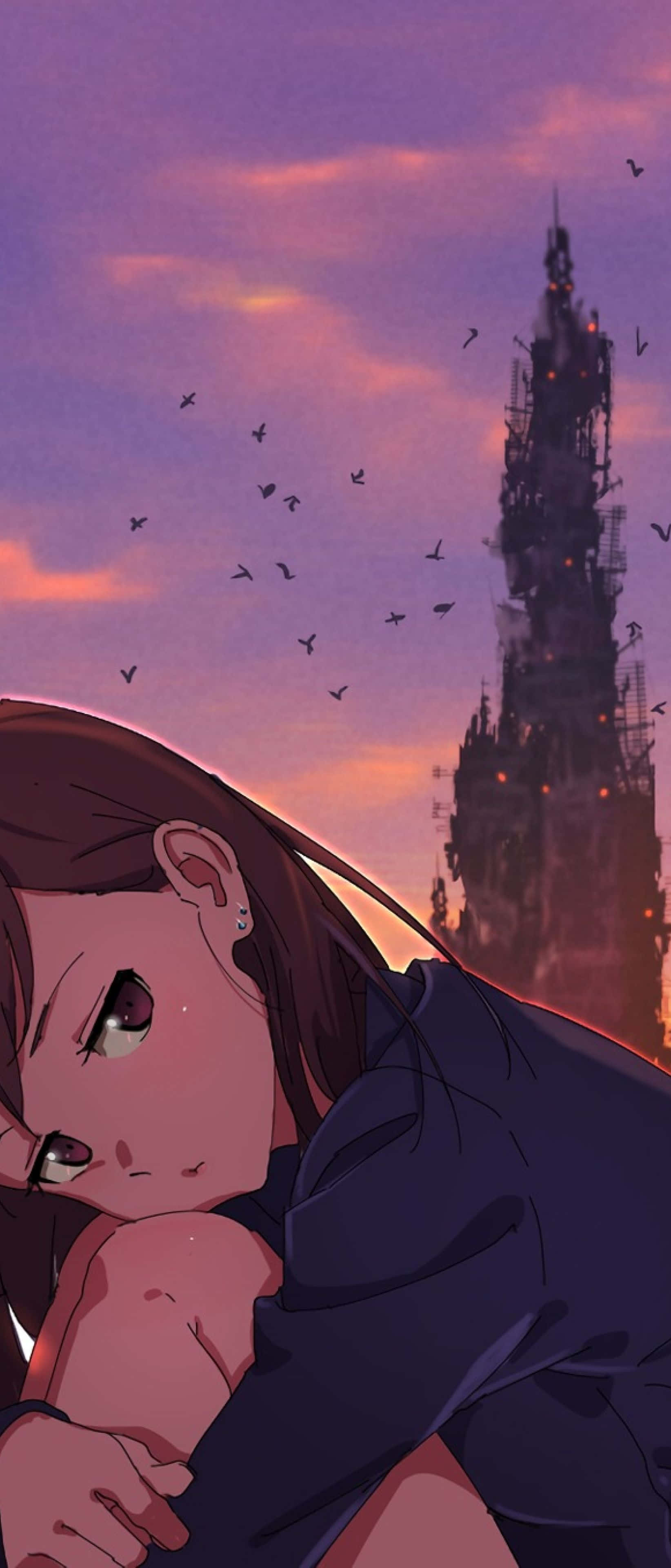 Broken Heart Anime 桌布 壁紙 — 一個憂鬱的動漫女孩在暮色天空下，將頭靠在手臂上，背景是高聳的哥德式尖塔和飛翔的鳥兒。