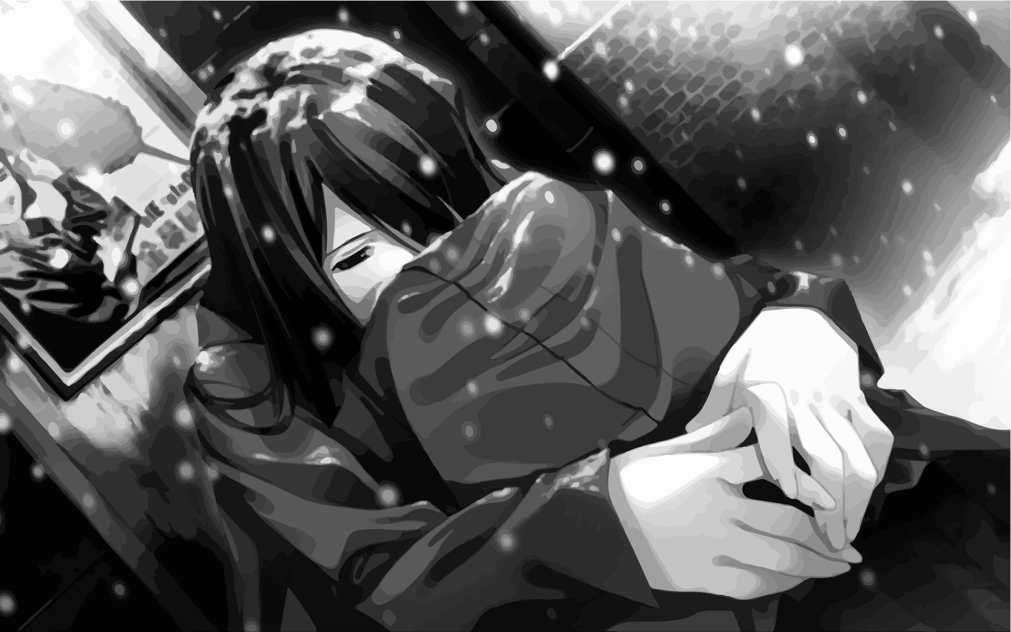 Beautiful Sad Anime 桌布 壁紙 — 一個憂鬱的動漫女孩在雪景中緊緊抱住自己，她的臉被深色頭髮和飄落的雪花半遮著。