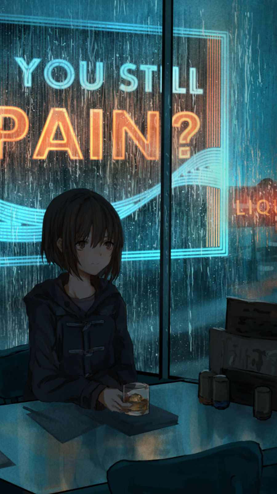 Painful 桌布 壁紙 — 一個憂鬱的動漫女孩獨自坐在雨中的酒吧裡，拿著飲料，身後濕漉漉的窗戶透出霓虹燈的光芒。