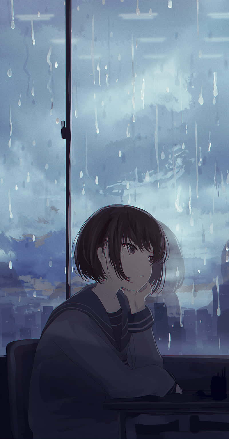 Sad Vibes 桌布 壁紙 — 一個憂鬱的動漫女孩穿著校服，凝視著被雨水打濕的窗外，暴風雨的天空下是一片陰沉的城市景觀。