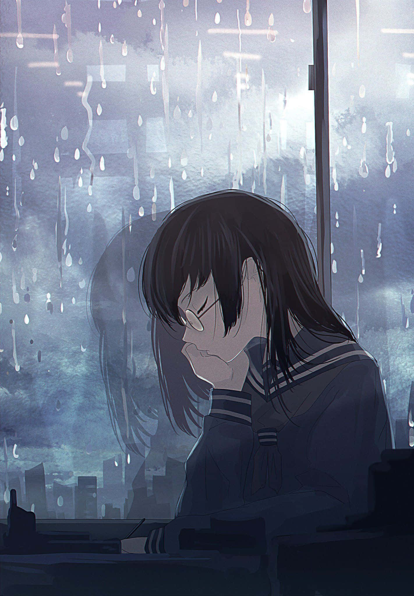 Sad Crying Anime 桌布 壁紙 — 一個憂鬱的動漫女孩穿著校服，在雨水斑駁的窗邊托腮，窗外是城市景觀。