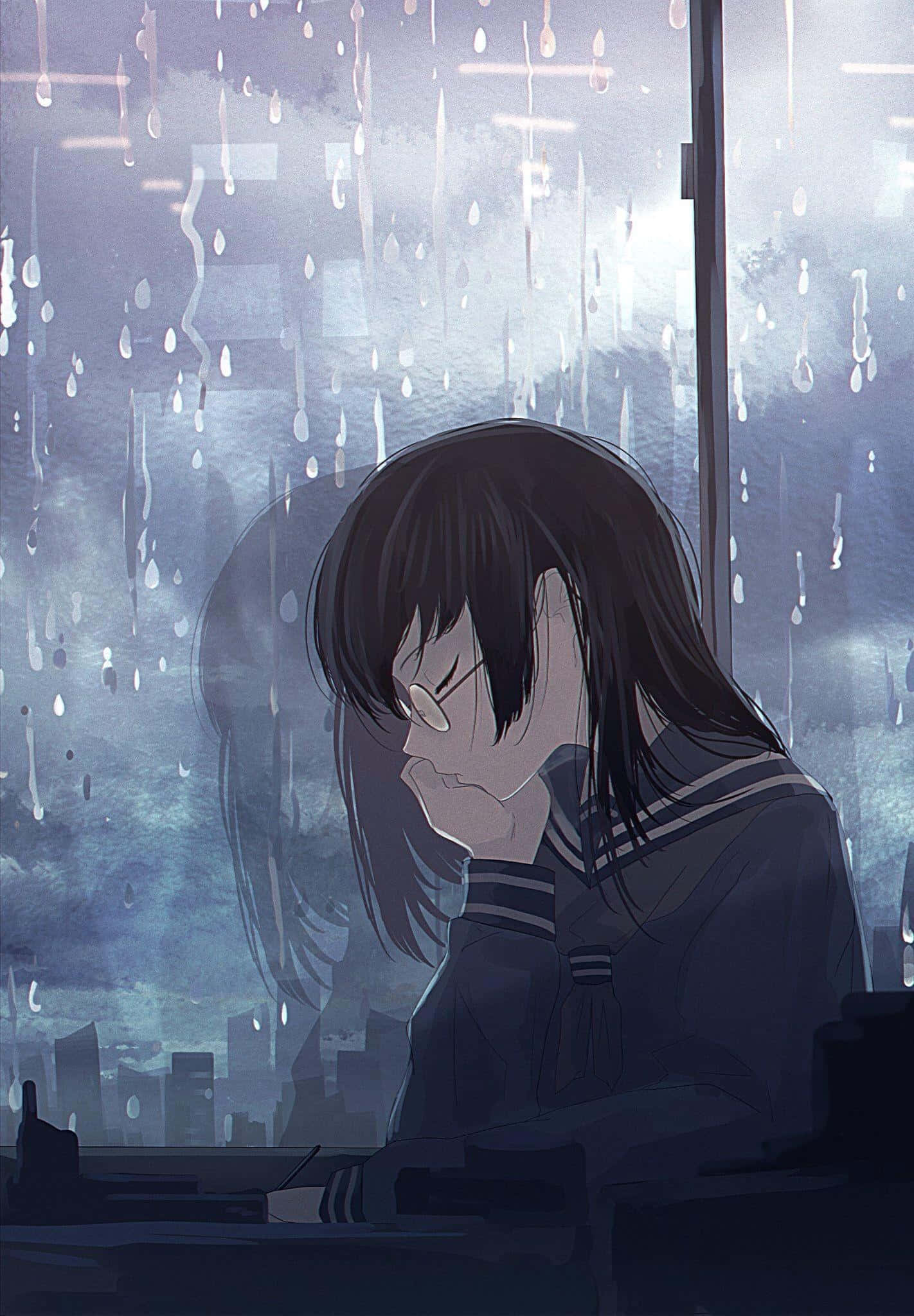 depressed anime 桌布 壁紙 — 一個憂鬱的動漫女孩穿著校服，在雨痕斑斑的窗邊托著頭，眺望夜晚的城市景觀。