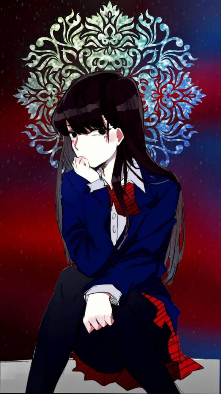 動漫女孩 桌布 壁紙 — 一個憂鬱的動漫女孩穿著校服，手托下巴坐在紅色背景前，帶有華麗的藍白花卉光環。