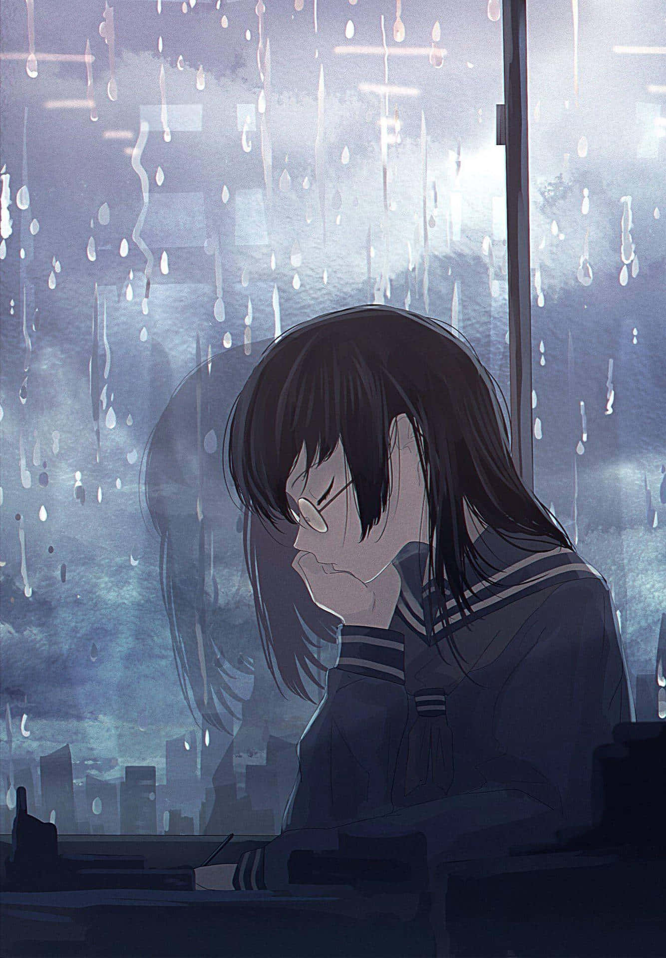 動漫女孩 桌布 壁紙 — 一個憂鬱的動漫女孩穿著校服，托著下巴，凝視著雨痕斑斑的窗外模糊的城市景觀。