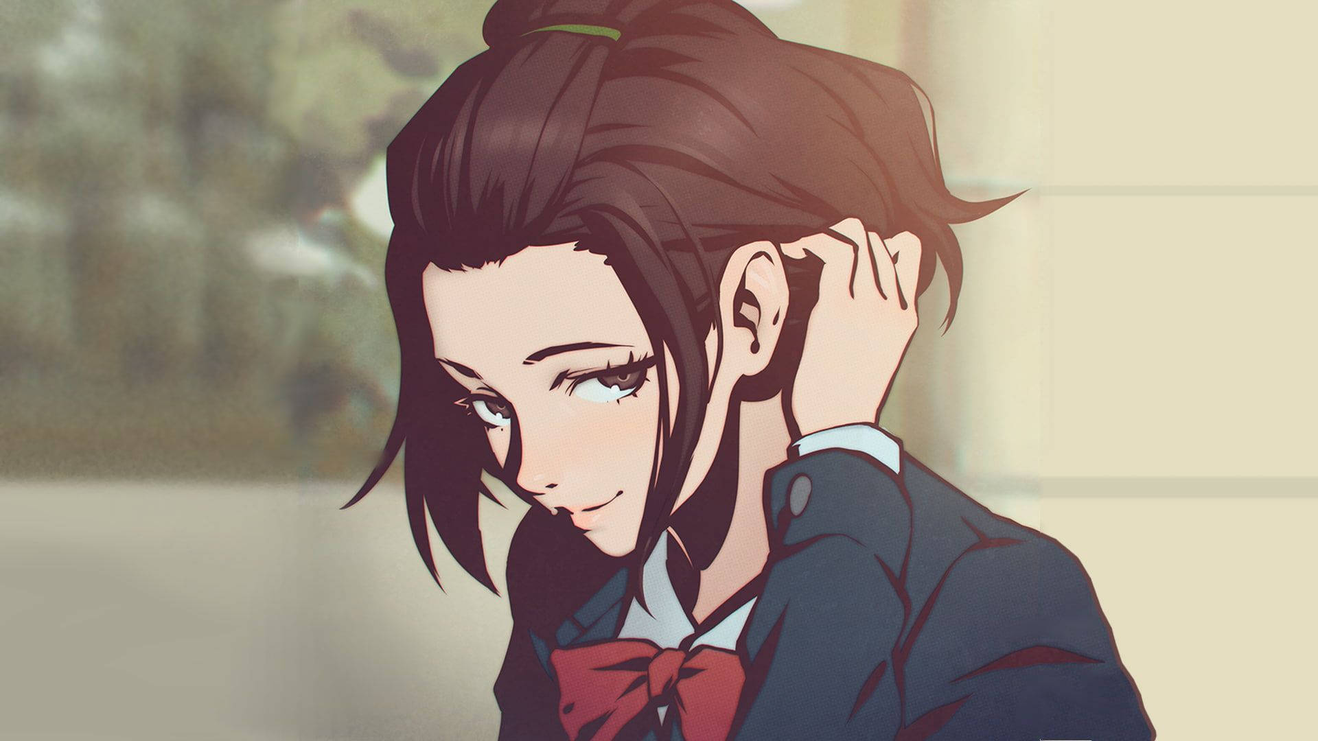 Parasyte 桌布 壁紙 — 一個憂鬱的動漫女孩穿著校服，輕輕觸摸耳朵，眼神柔和。
