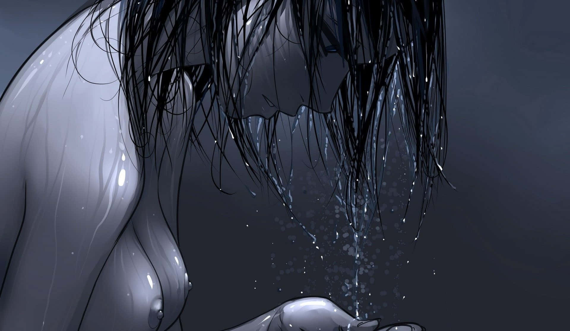 Sad Anime Art 桌布 壁紙 — 一個憂鬱的動漫女性，濕漉漉的黑髮低著頭，水滴從她的頭髮滴到手上，背景是深灰色。