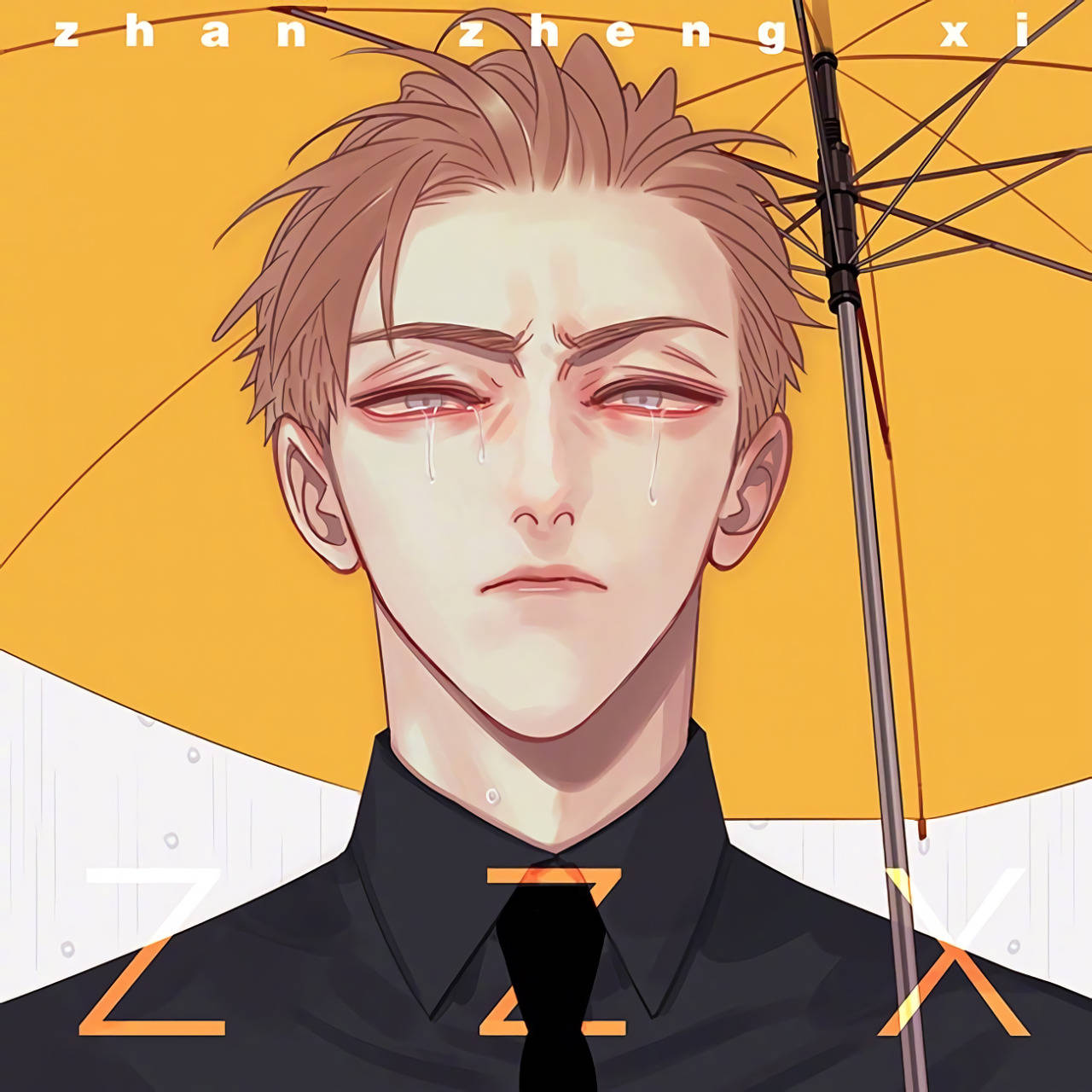 19 Days 桌布 壁紙 — 一個憂鬱的動漫男人，淚水順著臉頰流下，在雨景中撐著一把黃色雨傘。