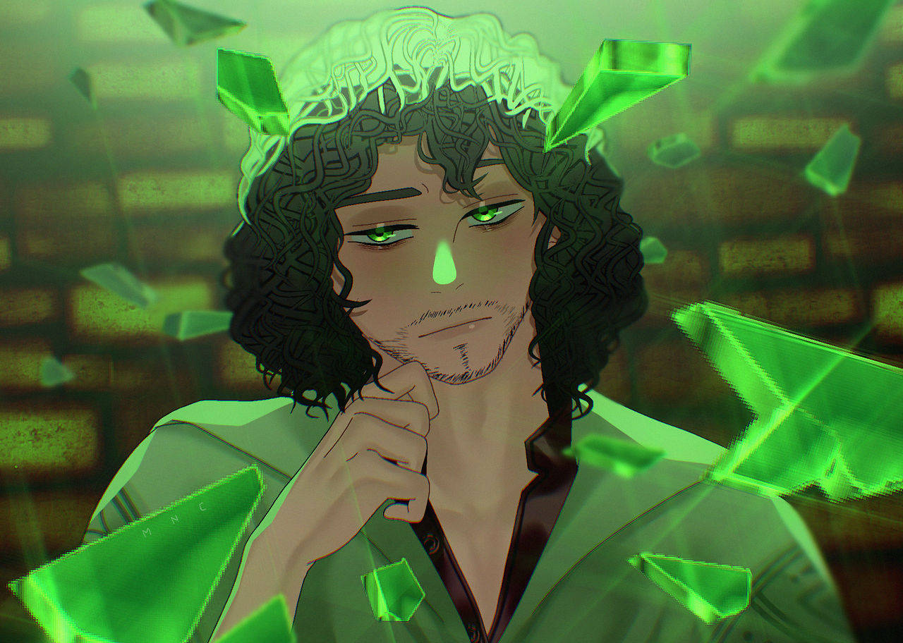 Bruno Madrigal 桌布 壁紙 — 一個憂鬱的動漫男子，擁有發光的綠色眼睛，周圍漂浮著水晶碎片，身處昏暗的磚牆房間中。