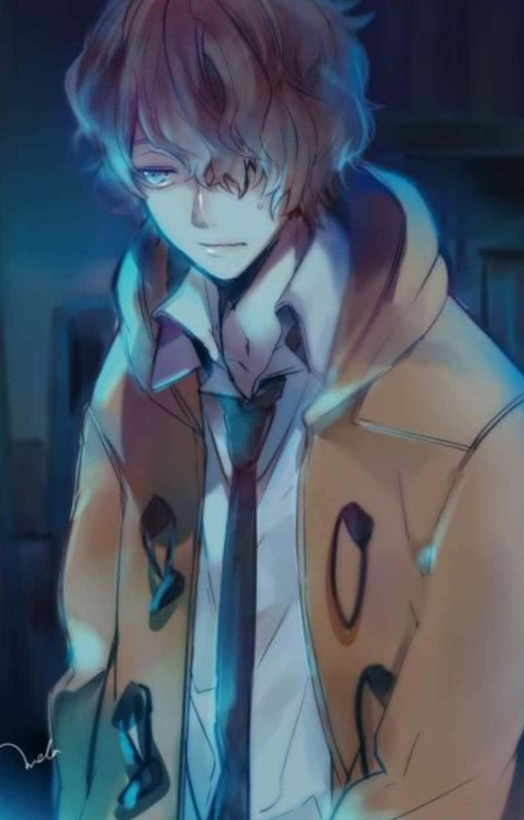 Sho Hinakawa 桌布 壁紙 — 一個憂鬱的動漫男孩，凌亂的棕色頭髮和含淚的眼睛，在冷藍色燈光下穿著米色外套，內搭白襯衫和領帶。