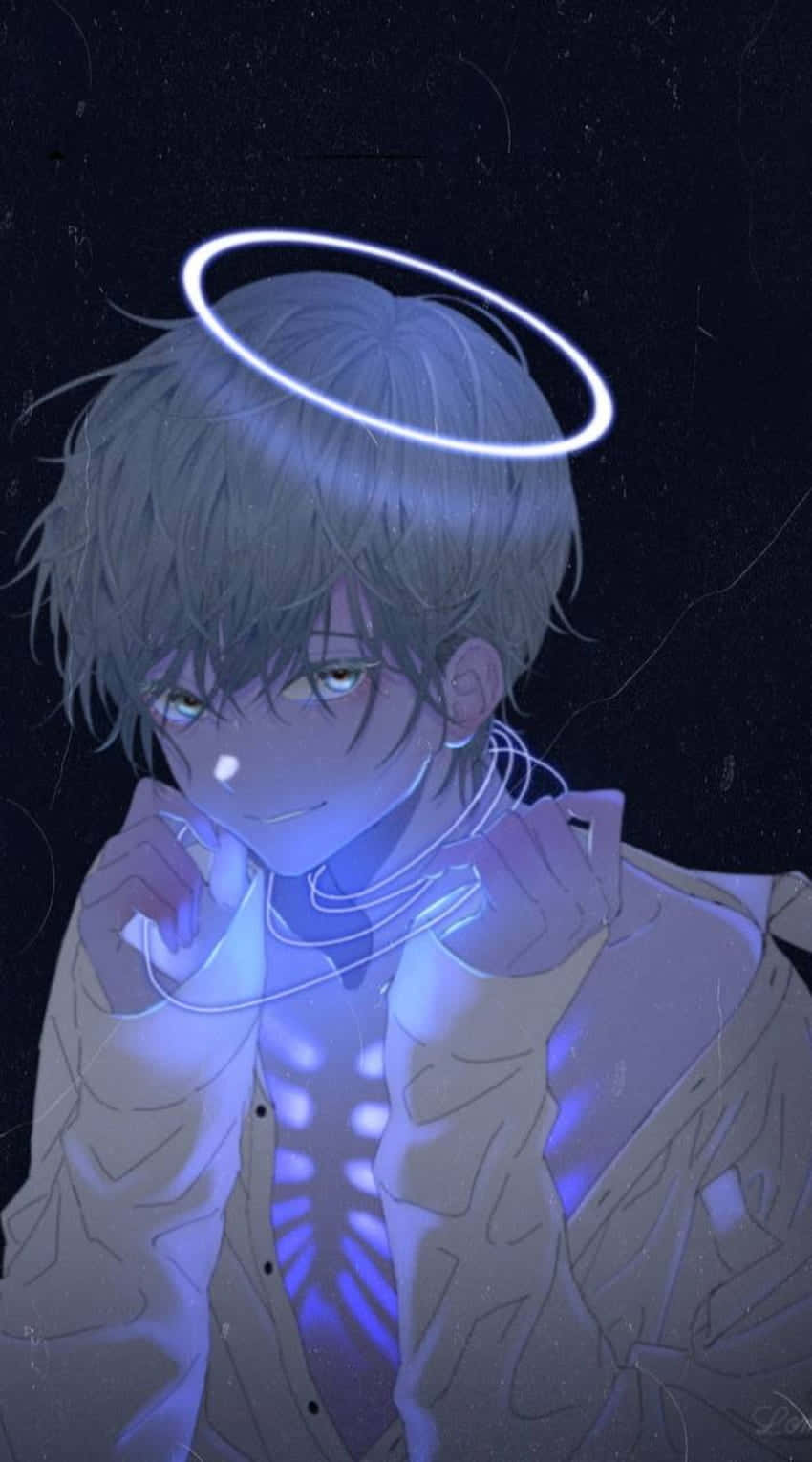 動漫男孩 桌布 壁紙 — 一個憂鬱的動漫男孩，在繁星點點的夜空下，帶著發光的光環和藍色的光脈。