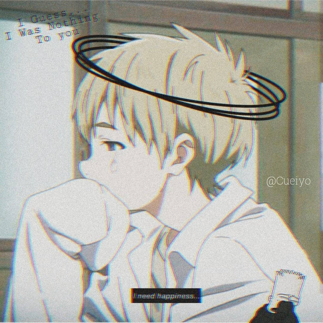 桌布 壁紙 — 一個憂鬱的動漫男孩，帶有光環和淚水，穿著白色連帽衫，低頭看著表達情感渴望的文字疊加。
