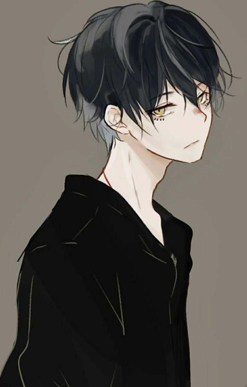 動漫男孩 桌布 壁紙 — 一個憂鬱的動漫男孩，有著凌亂的黑髮和金色的眼睛，在極簡的灰色環境中側視。