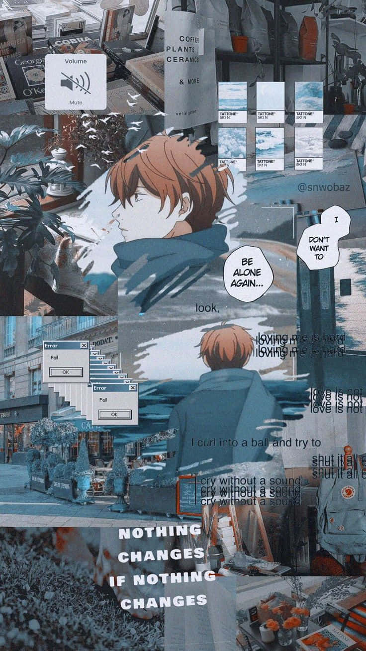 桌布 壁紙 — 一個憂鬱的動漫男孩，橙色頭髮，獨自坐在一個堆滿書籍和數位錯誤彈出視窗的雜亂房間裡。
