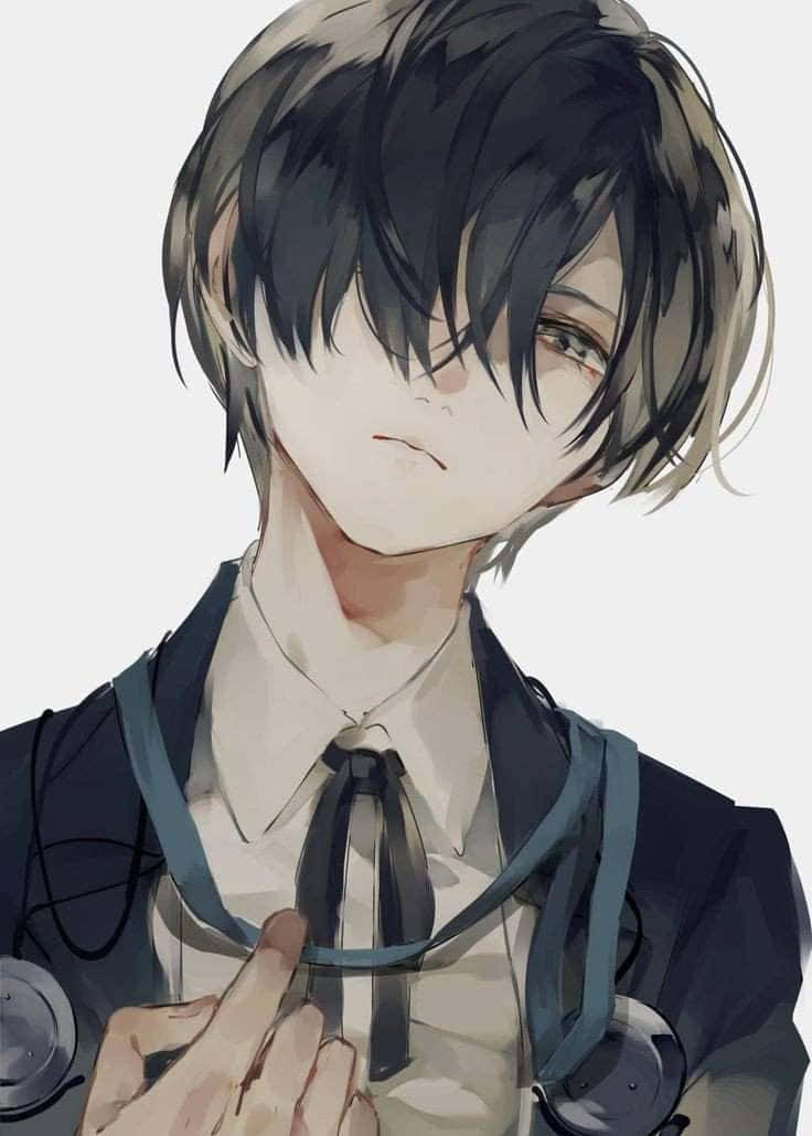 動漫男孩 桌布 壁紙 — 一個憂鬱的動漫男孩，深色頭髮，戴著聽診器，低垂著目光，表情陰沉。