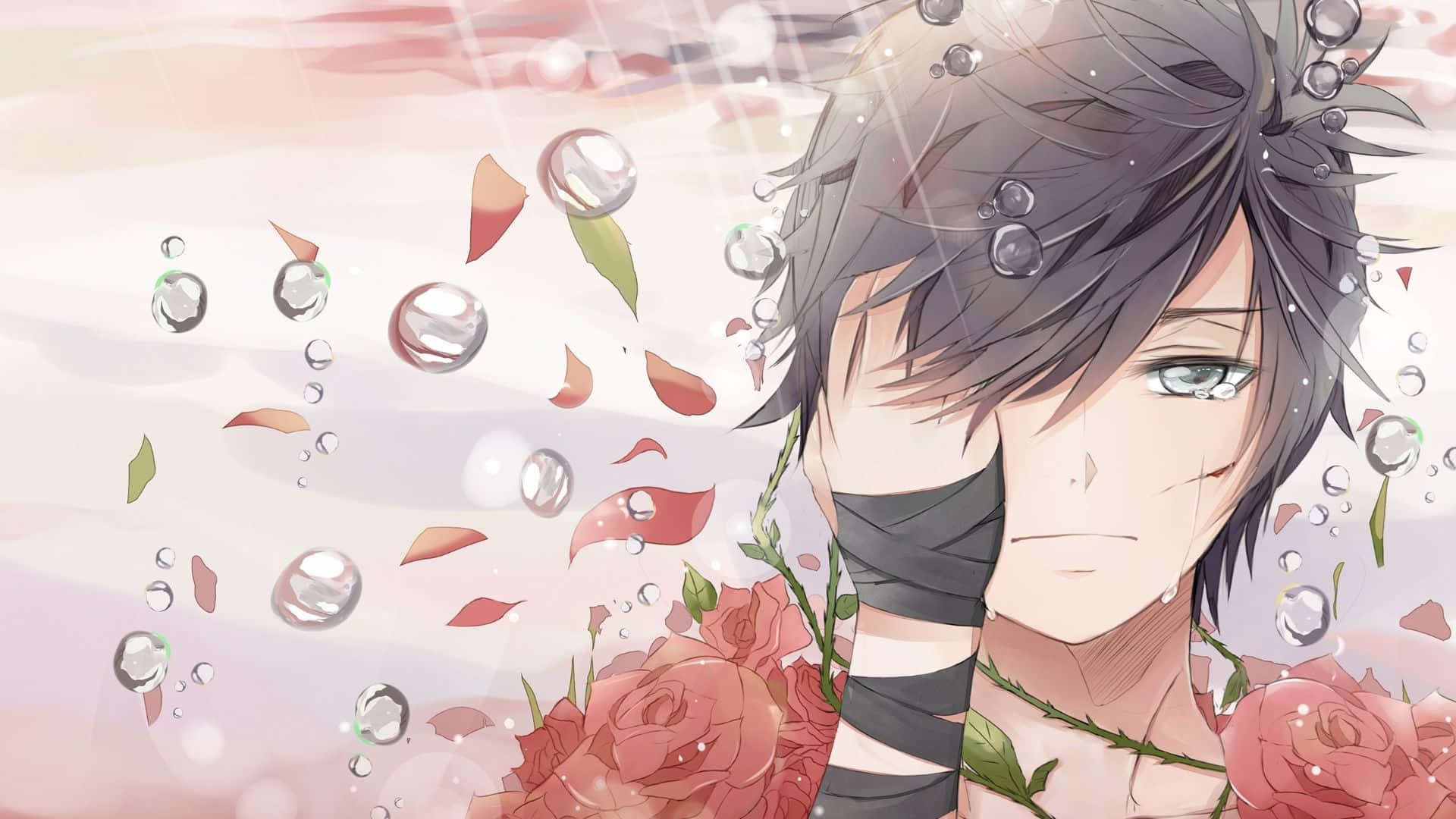 Beautiful Sad Anime 桌布 壁紙 — 一個憂鬱的動漫男孩，深色頭髮，手臂纏著繃帶，站在柔和的粉紅色天空下，周圍是飄落的玫瑰花瓣和雨滴。