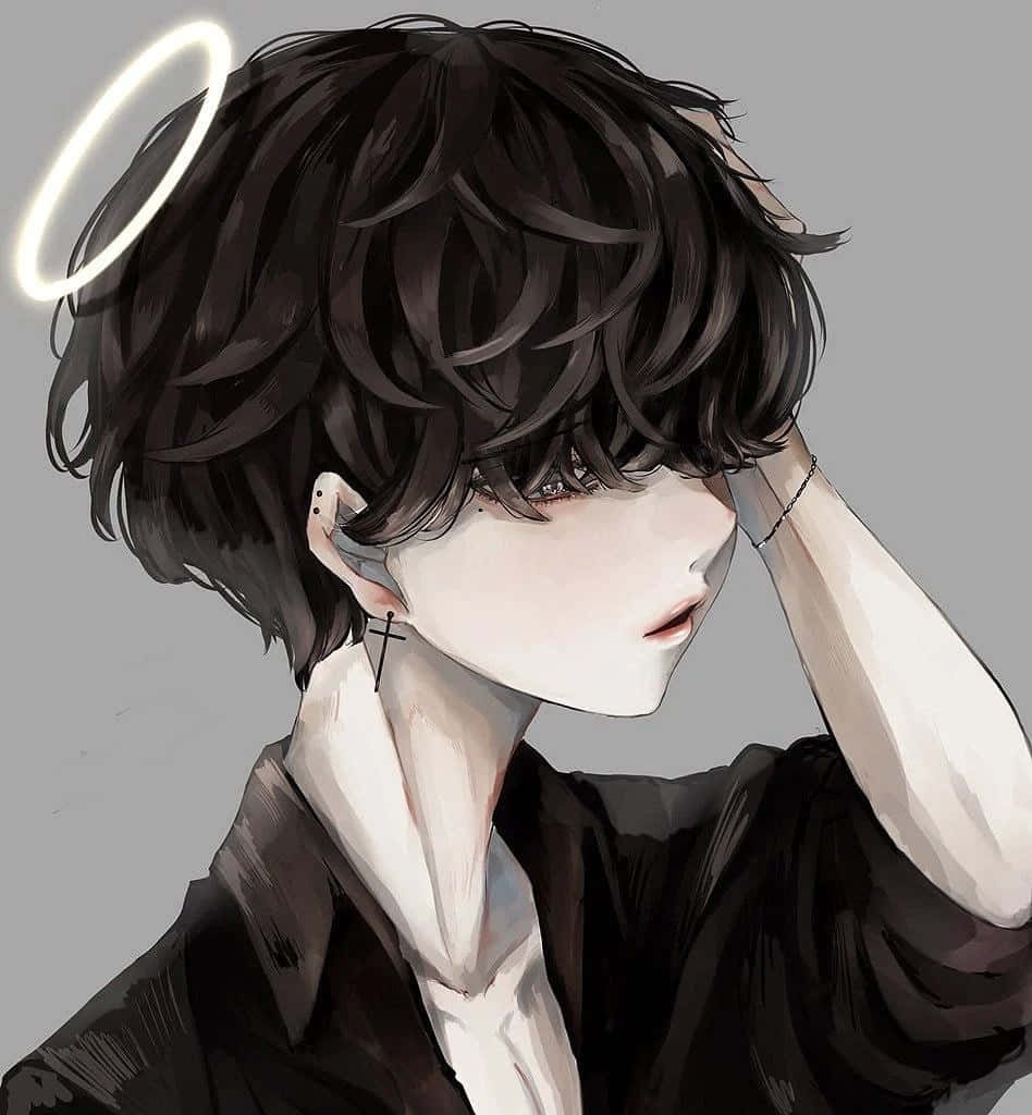 Emo Anime Boy 桌布 壁紙 — 一個憂鬱的動漫男孩，深色頭髮，頭上有光環，低頭凝視，手放在頭上，背景是純灰色。