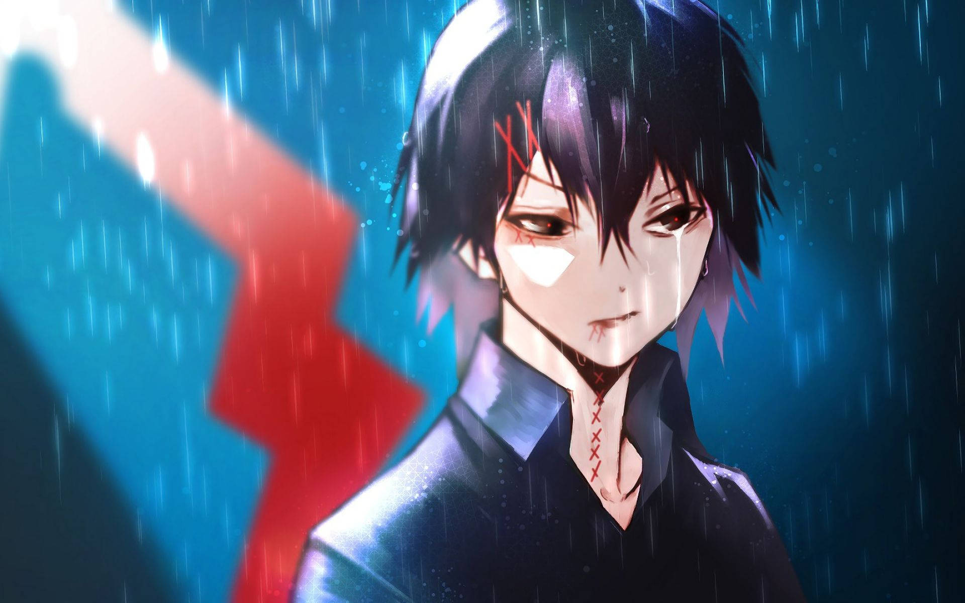 東京喰種角色 桌布 壁紙 — 一個憂鬱的動漫男孩，深色頭髮和紅色標記，站在雨中，藍色和紅色的閃電劃過。
