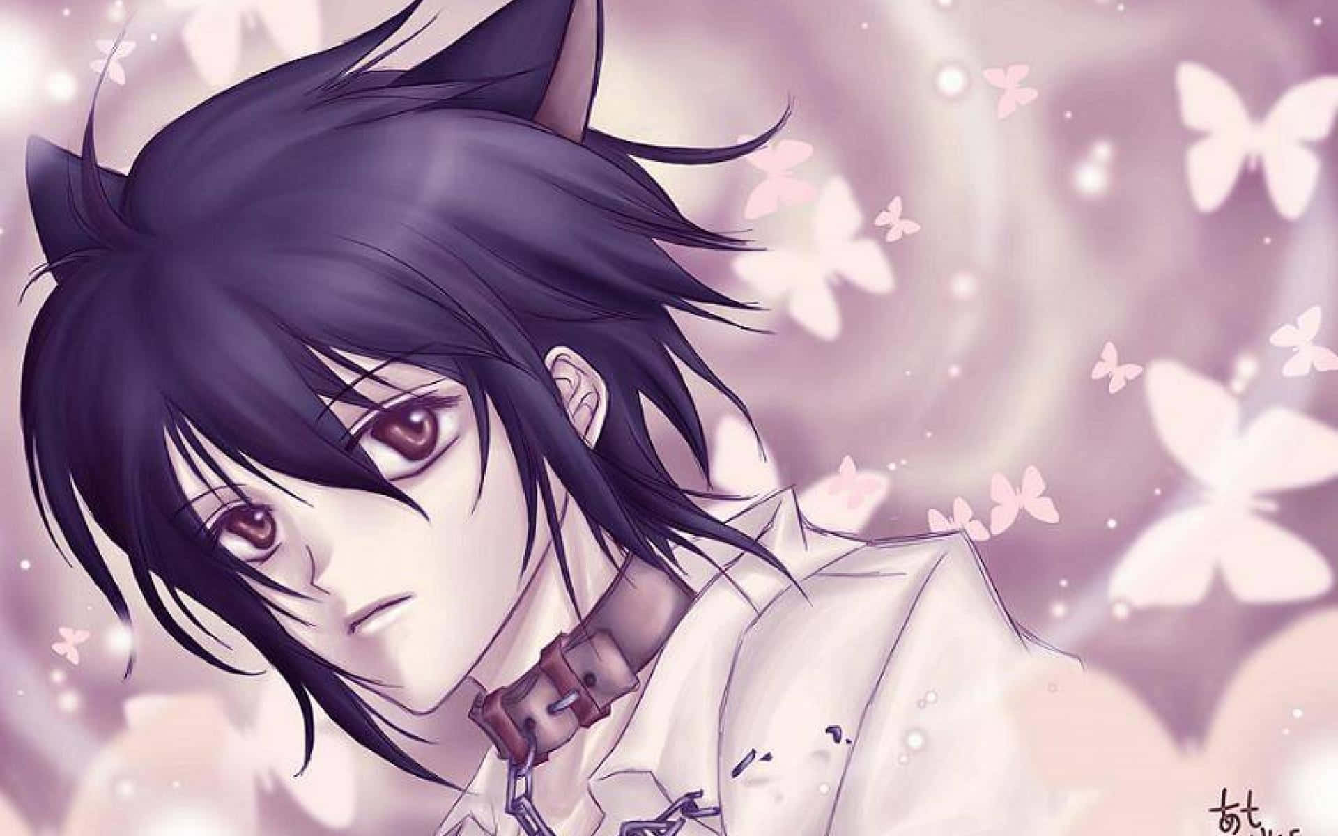 動漫男孩 桌布 壁紙 — 一個憂鬱的動漫男孩，深色頭髮和貓耳朵，在柔和的紫色背景下，凝視著漂浮的粉紅色蝴蝶。