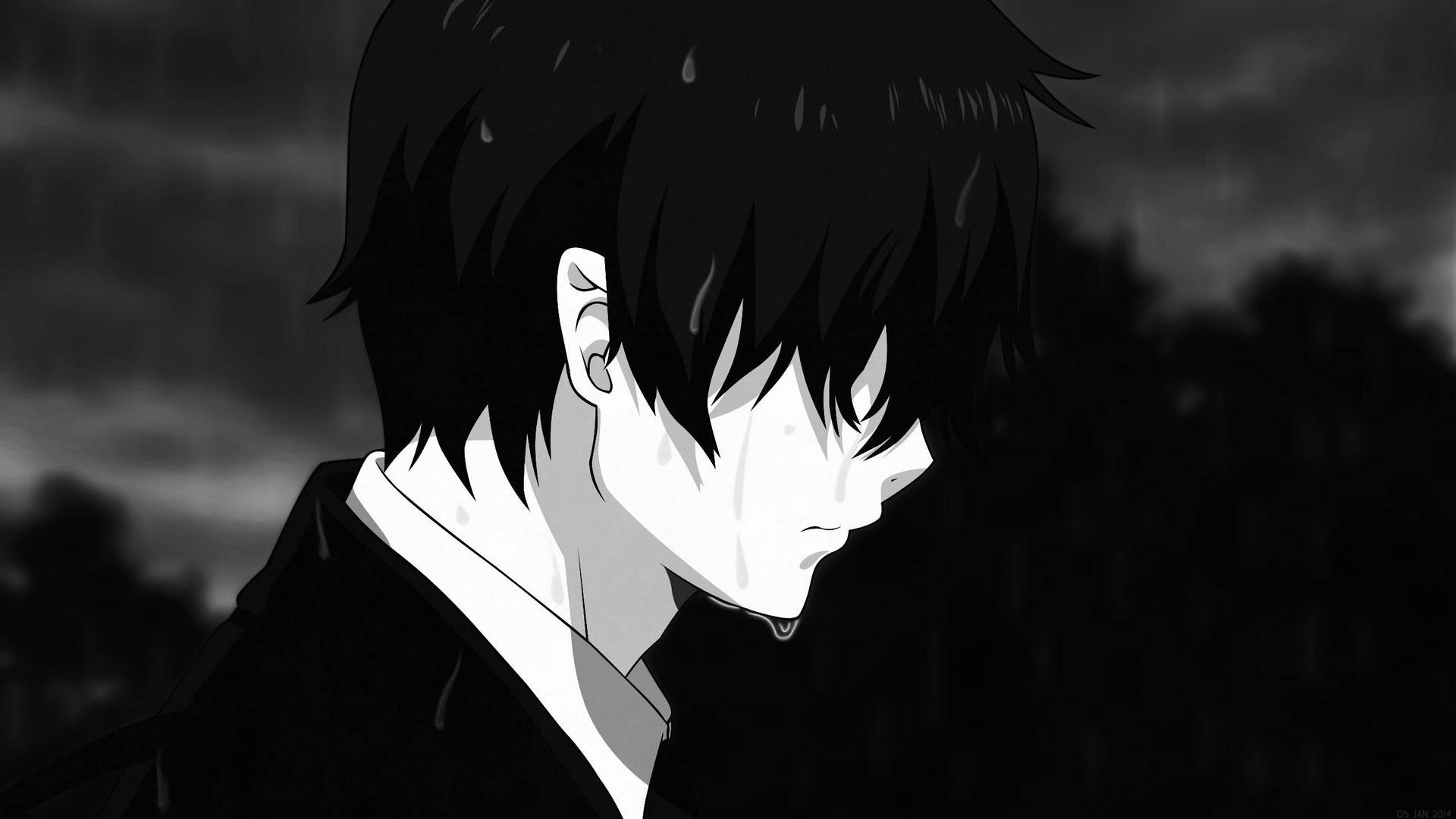 一個悲傷的動漫男孩在雨中哭泣，身後有烏雲。 — 憂鬱男孩 壁紙