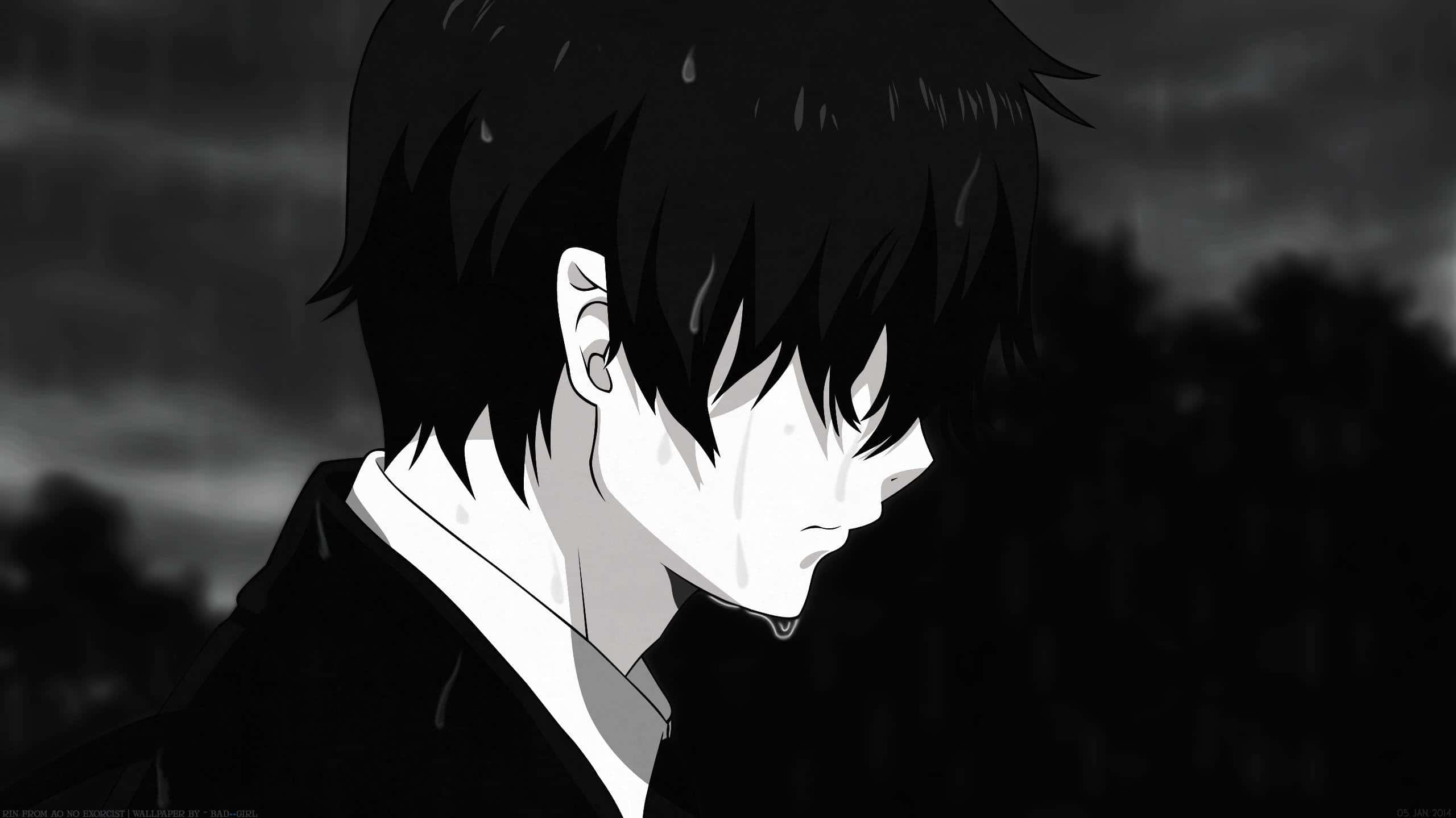 可憐動漫 桌布 壁紙 — 一個憂鬱的動漫男孩，濕漉漉的頭髮和淚水順著臉頰流下，站在陰沉的灰色暴雨中。