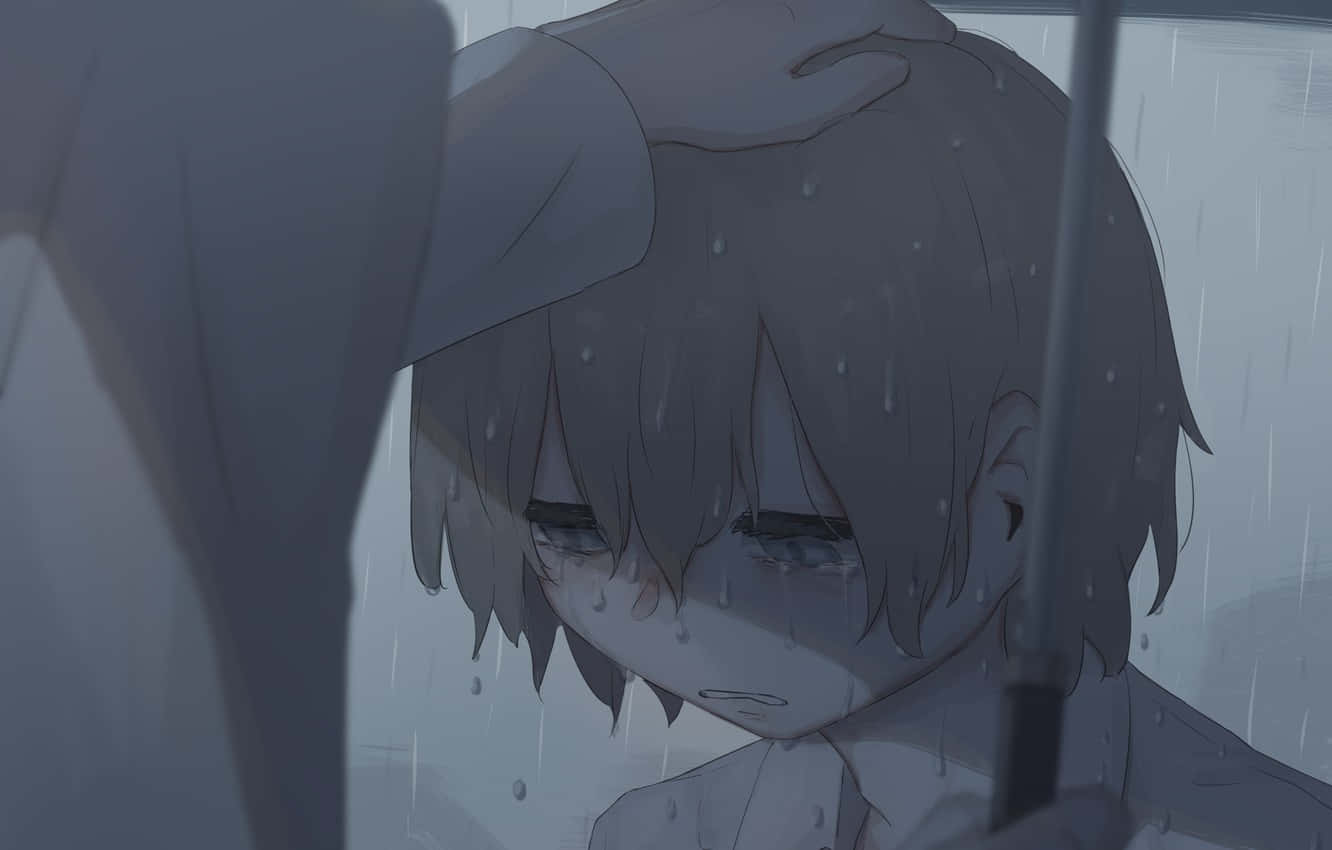 動漫 桌布 壁紙 — 一個憂鬱的動漫男孩，濕透的頭髮和淚水，在雨淋濕的雨傘下，灰色單色場景。