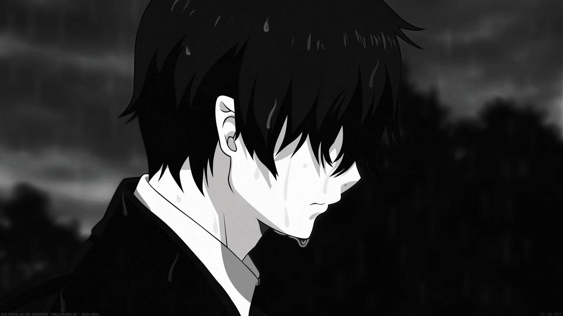 一個悲傷的動漫男孩在雨中哭泣，身後有黑暗的暴風雲。 — 憂鬱動漫男孩 壁紙