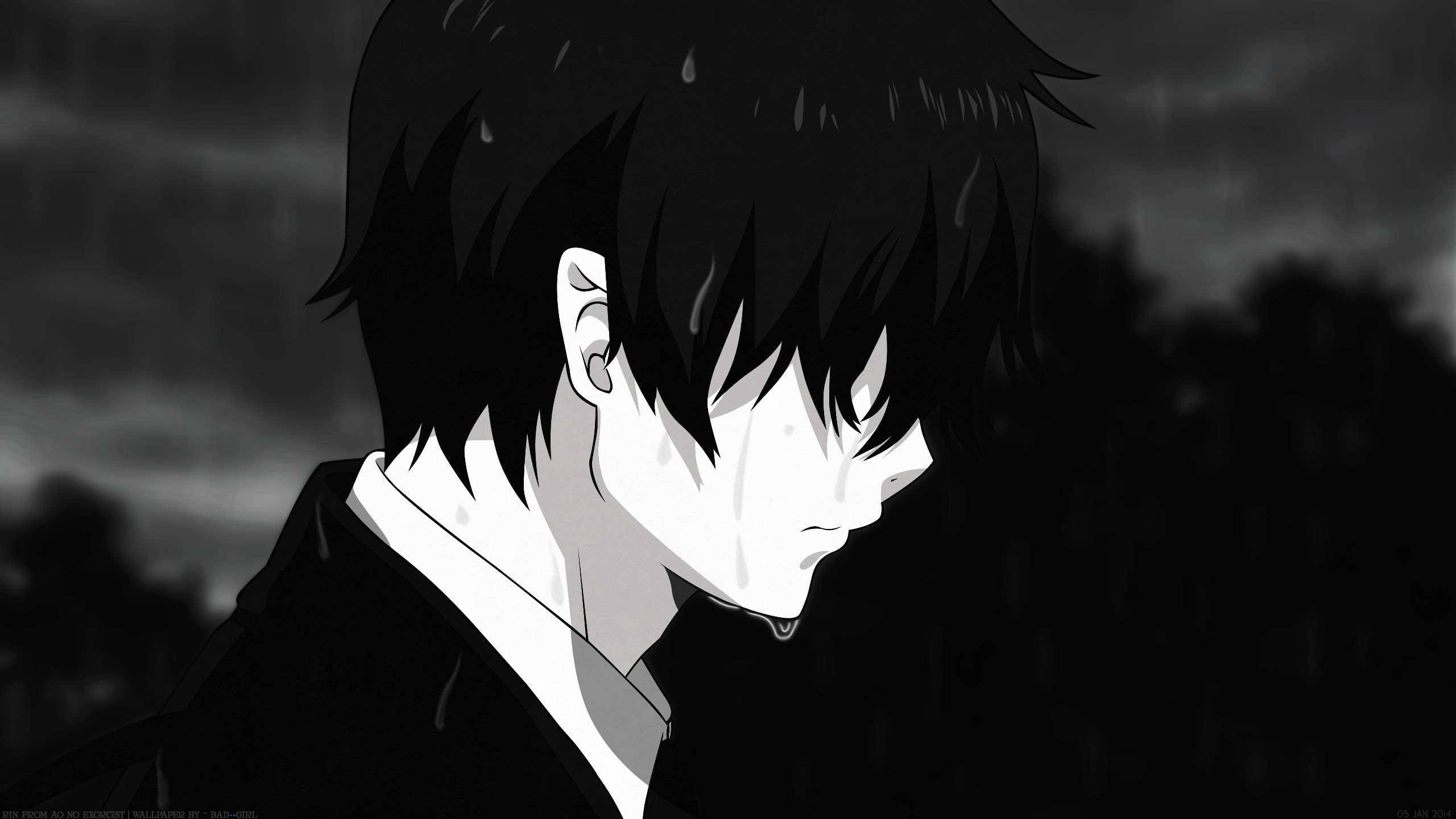 桌布 壁紙 — 一個憂鬱的動漫男孩，濕透的頭髮和淚水劃過臉龐，站在黑暗的雨景中。