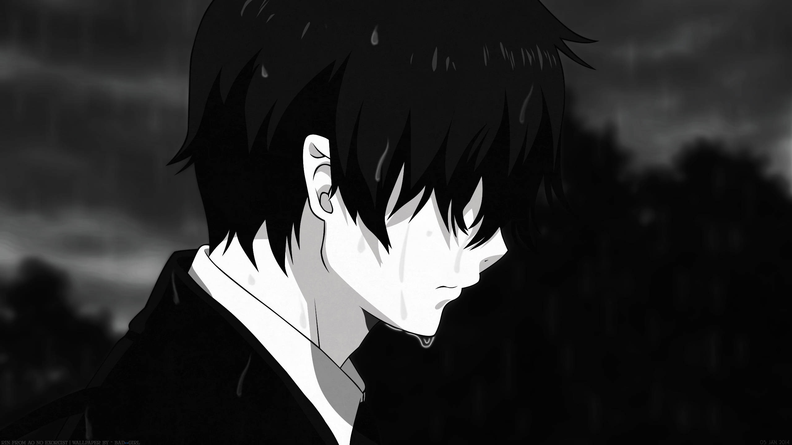 憂鬱動漫男孩 桌布 壁紙 — 一個憂鬱的動漫男孩，濕髮帶淚，在灰階雨中，背景黑暗模糊。
