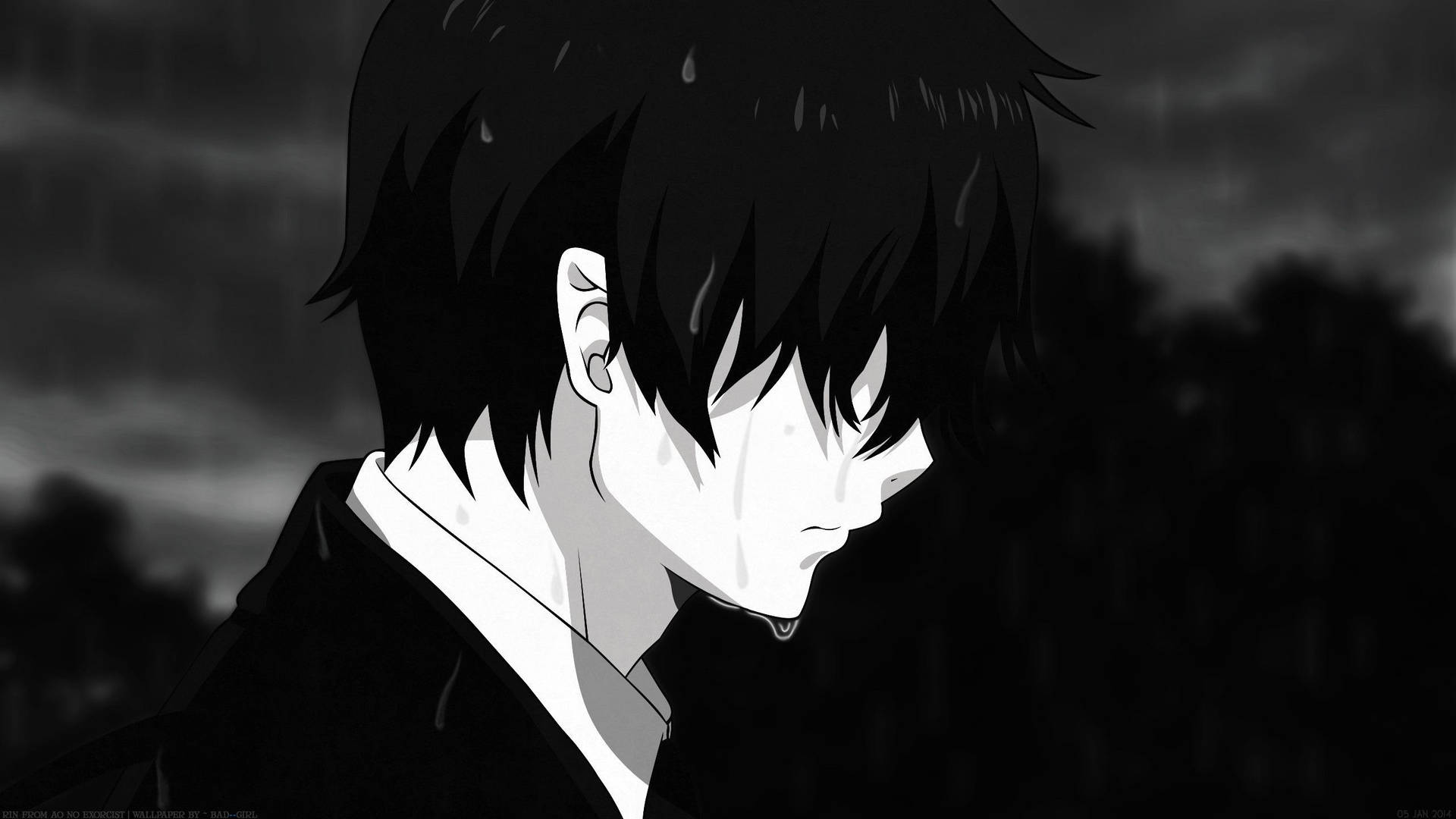 動漫男孩在雨中哭泣，背景是黑暗風暴。 — 憂鬱動漫男孩 壁紙
