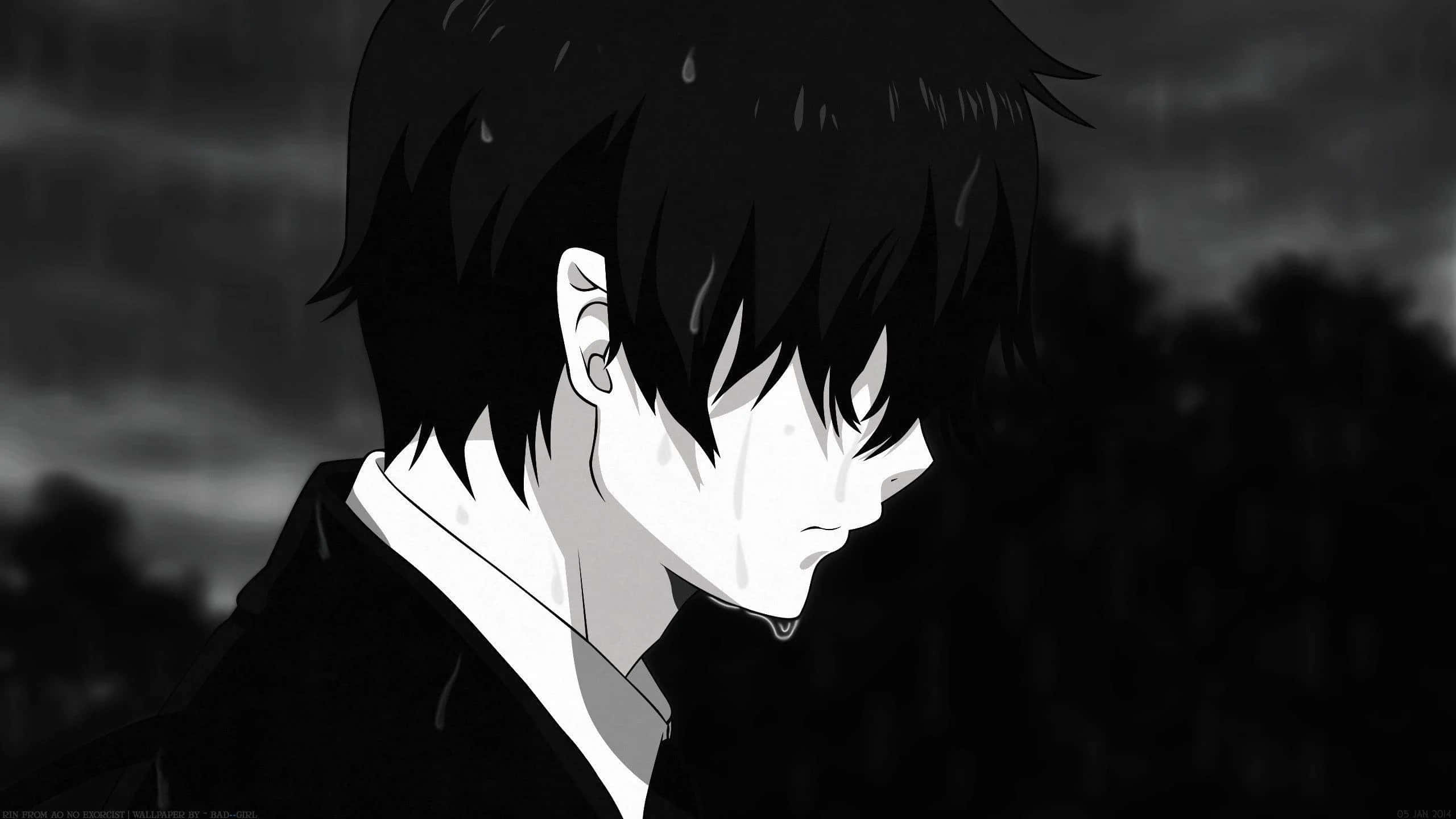 Depressing Profile 桌布 壁紙 — 一個憂鬱的動漫男孩，濕髮帶淚，在灰階雨中，背景是暗色模糊的。