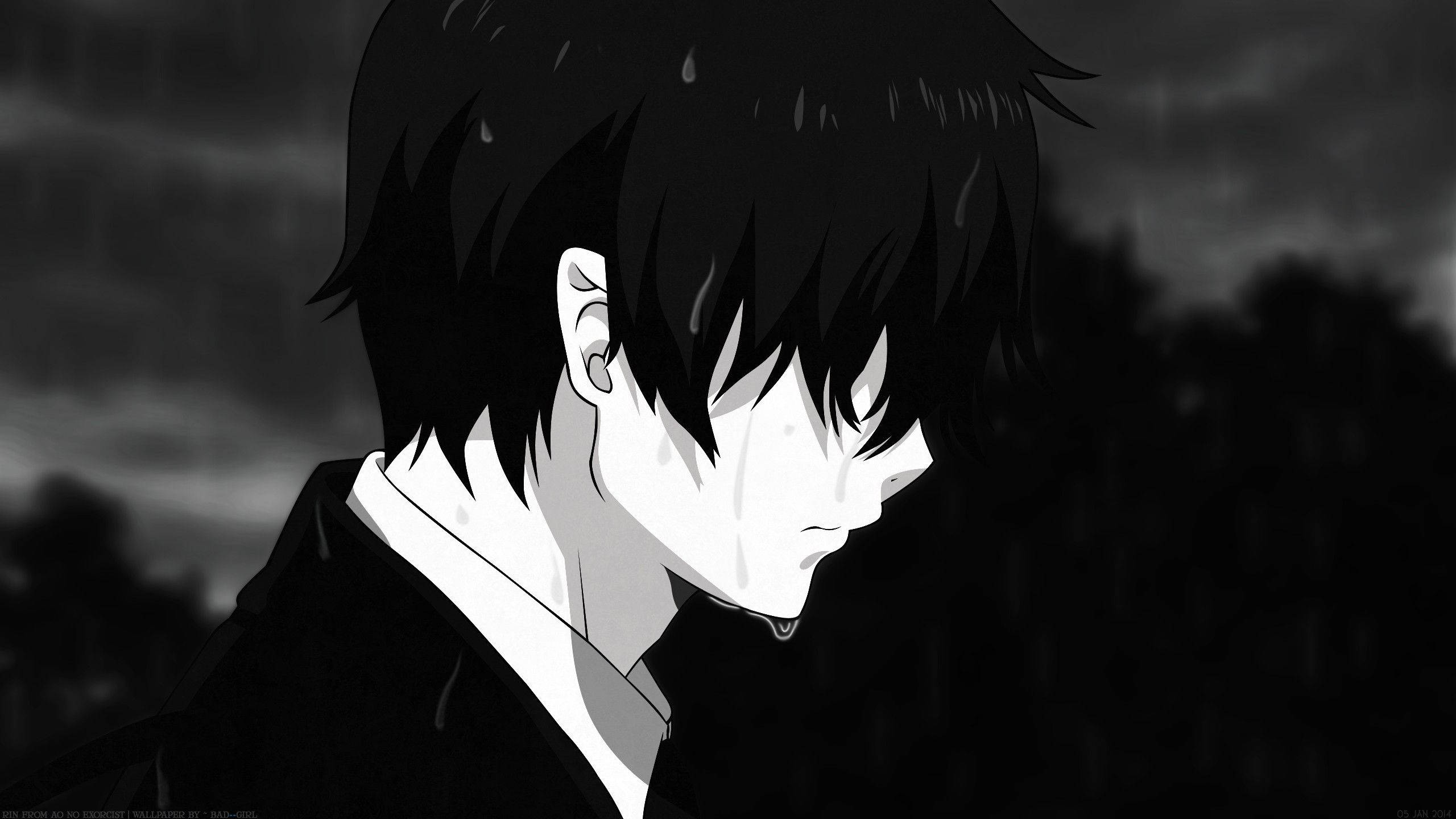 Blue Exorcist 桌布 壁紙 — 一個憂鬱的動漫男孩，濕髮帶淚，在灰階雨中，背景昏暗模糊。