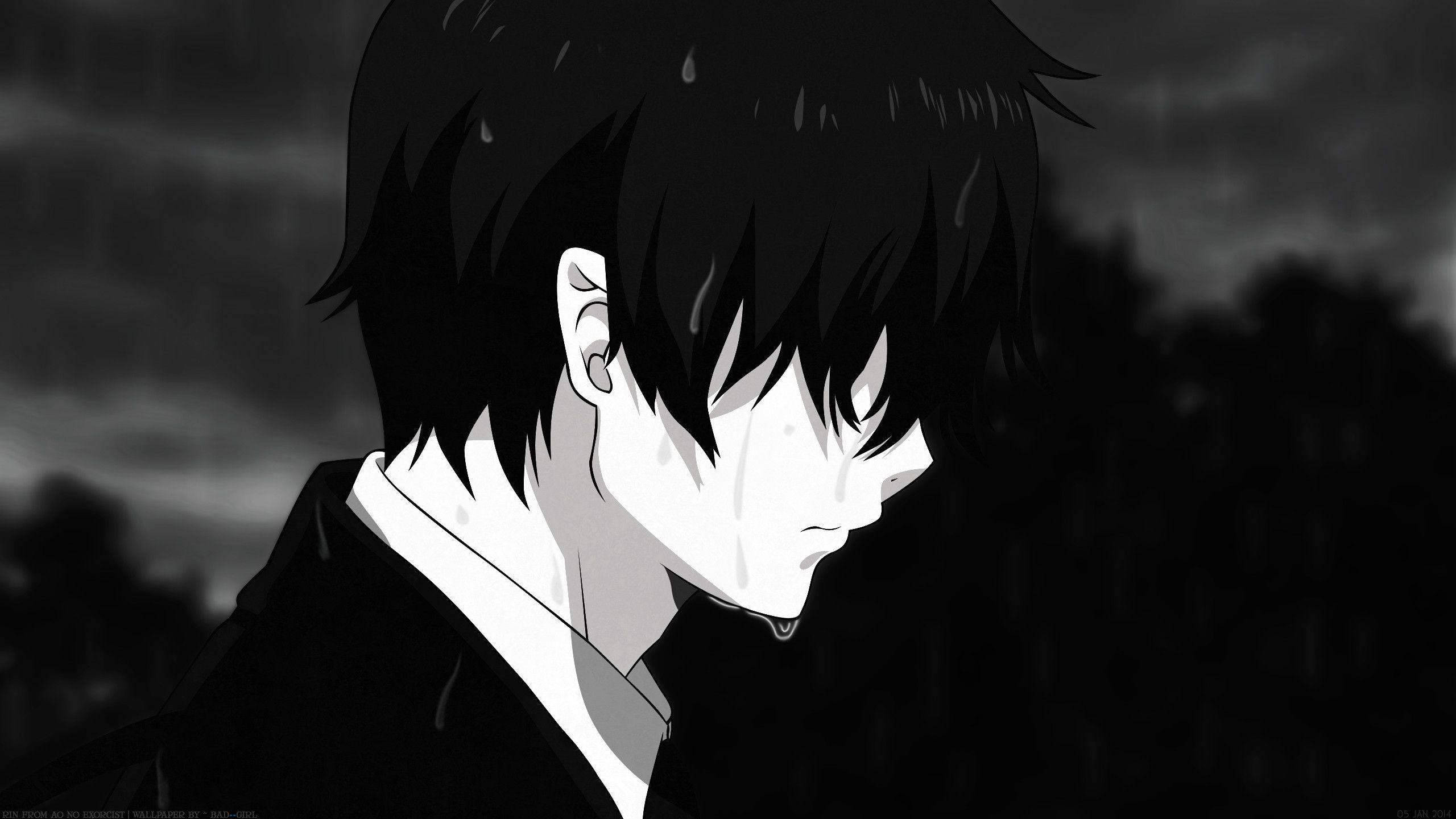 anime sad 桌布 壁紙 — 一個憂鬱的動漫男孩，濕髮帶淚，在灰階雨中，背景是暴風雨的天空。
