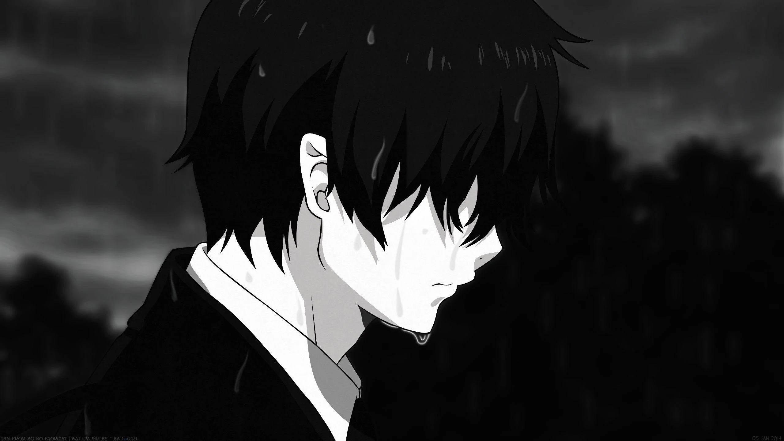 emo 頭像 桌布 壁紙 — 一個憂鬱的動漫男孩，濕髮帶淚，身處灰階雨中，背景暗黑模糊。