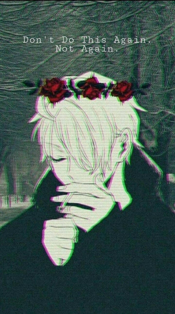 Depression Aesthetic 桌布 壁紙 — 一個憂鬱的動漫男孩，白髮上戴著紅玫瑰，在帶有故障效果的深色紋理背景中拿著香煙。