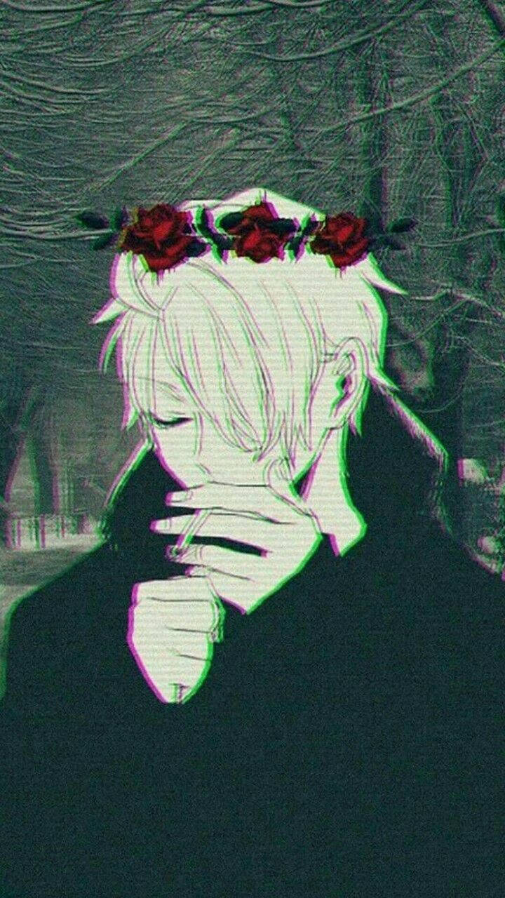 可愛動漫頭貼 桌布 壁紙 — 一個憂鬱的動漫男孩，白髮上插著紅玫瑰，在陰暗的森林背景下抽煙。