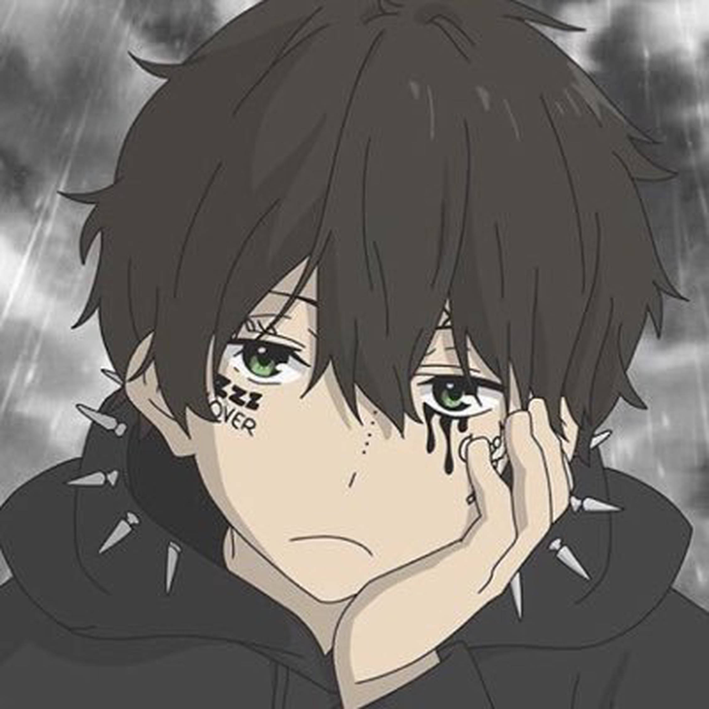 emo 頭像 桌布 壁紙 — 一個憂鬱的動漫男孩，綠色眼睛，穿著帶刺連帽衫在雨中哭泣。