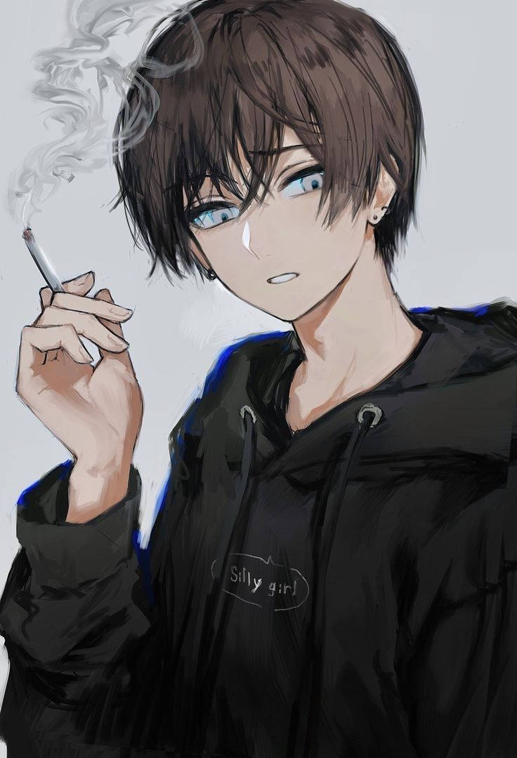 穿著黑色連帽衫的動漫男孩，流著淚，藍色眼睛，抽煙。 — 動漫男孩暗黑 壁紙