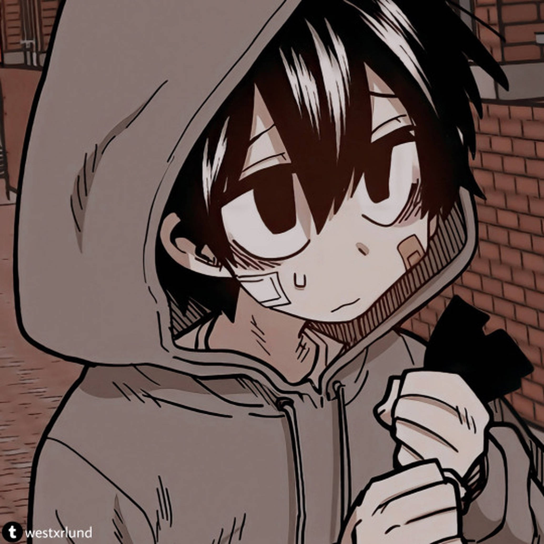 emo 頭像 桌布 壁紙 — 一個憂鬱的動漫男孩，身穿連帽衫，臉上纏著繃帶，靠著磚牆，手持黑色物體。
