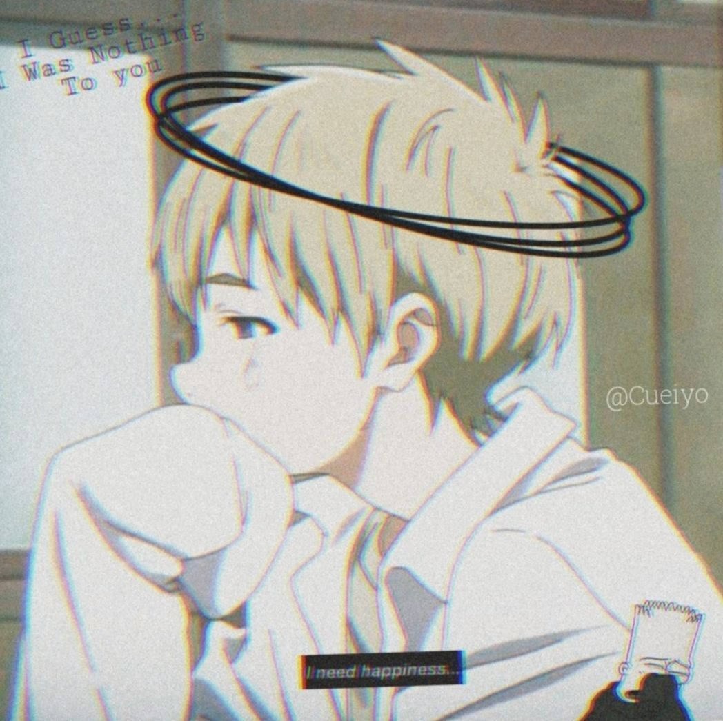 Anime Discord Pfp 桌布 壁紙 — 一個憂鬱的動漫男孩，金髮和黑色光環，低頭凝視，抓著頭，文字寫著「我需要幸福」。