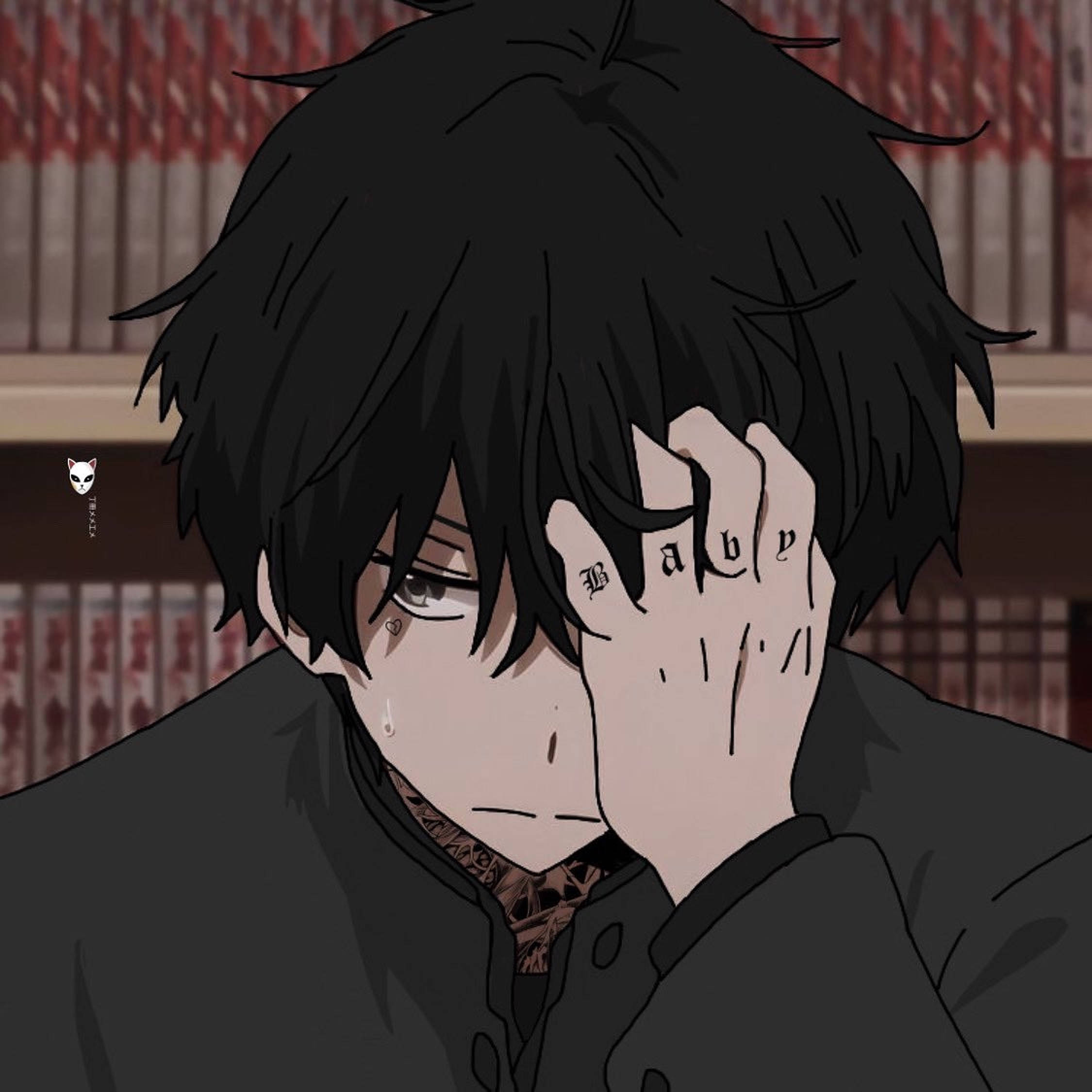 emo 頭像 桌布 壁紙 — 一個憂鬱的動漫男孩，黑髮，一滴淚水，用一隻紋有「Baby」字樣的手遮住臉。