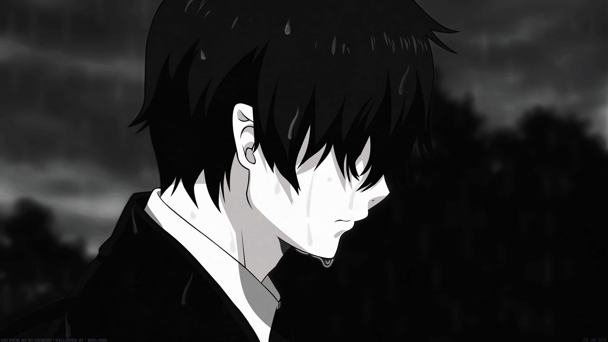 一個悲傷的動漫男孩在雨中哭泣，背景黑暗。 — 憂鬱男孩 壁紙